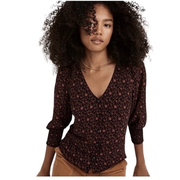 Madewell Tops - Madewell Georgette Smocked Cuff Button Front Top In Orchid Floral Blouse Size 2